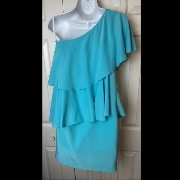 ANNIE GRIFFIN Charlotte One Shoulder Dress Turquoise Aqua Blue 100% Silk Ruffle - Picture 7 of 10
